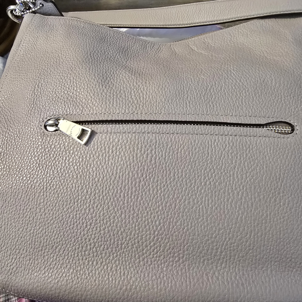 Coach Pebbled Leather Hobo Bag in Taupe with Studded Floral Accent - Picture 7 of 9